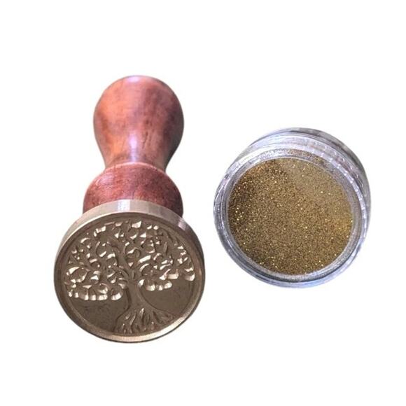 Tree of Life Brass Wax Stamp Wooden Handle Gold Glitter Seal Envelopes 3pc Set - Picture 5 of 7